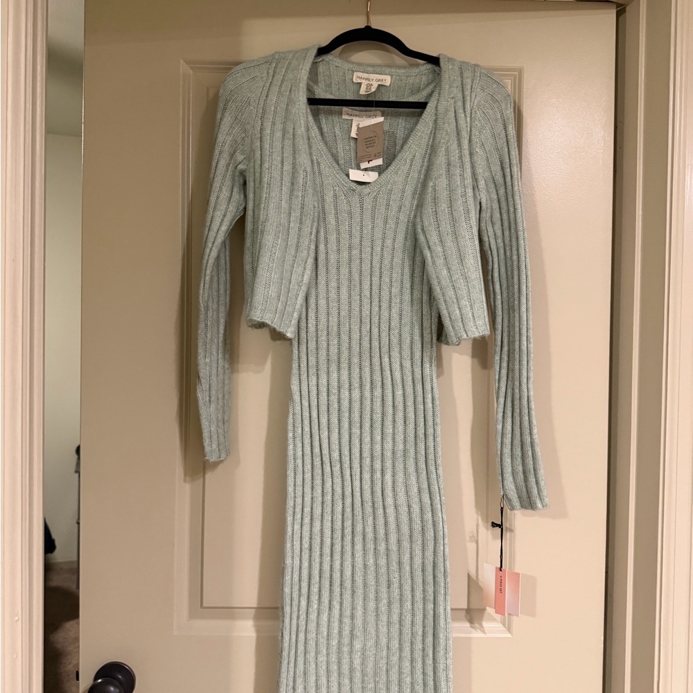 Ribbed V-Neck Knit Dress in Light Sage - Unknown Brand